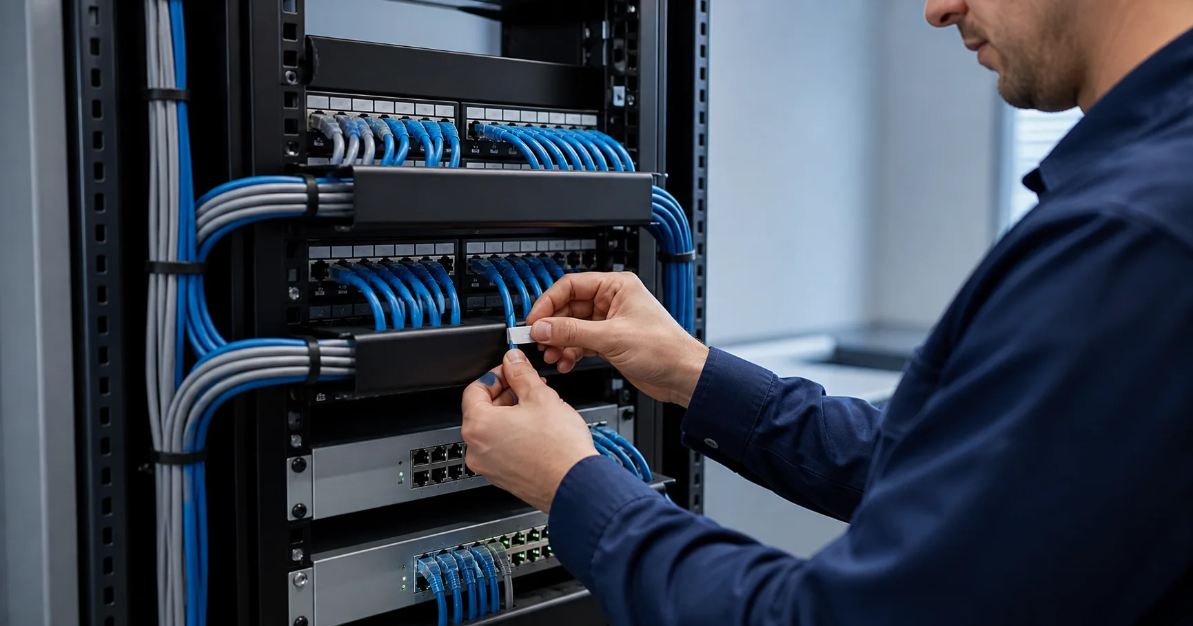 Organización profesional de cableado estructurado en un rack